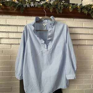 Crown & Ivy Curvy Blue and White Striped Ruffle Neck Popover Blouse 1X